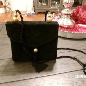 Mary Kay Vintage Black Suede Leather Small Shoulder Purse Gold Beads Tassel